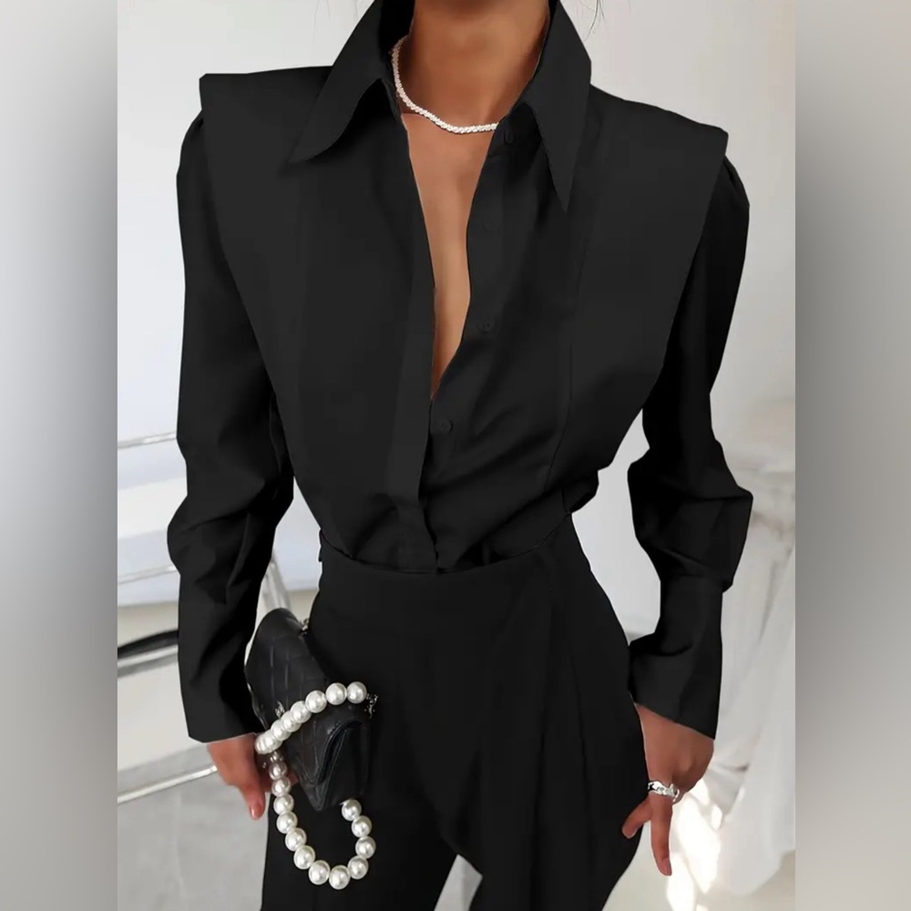Black Elegant Solid Button Front Shirt - Flattering Lapel - Picture 1 of 8
